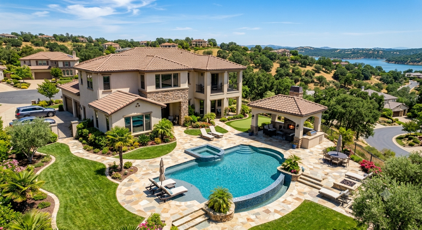 Aerial perspective of a luxury estate pool and backyard with landscaped hardscape and outdoor living area